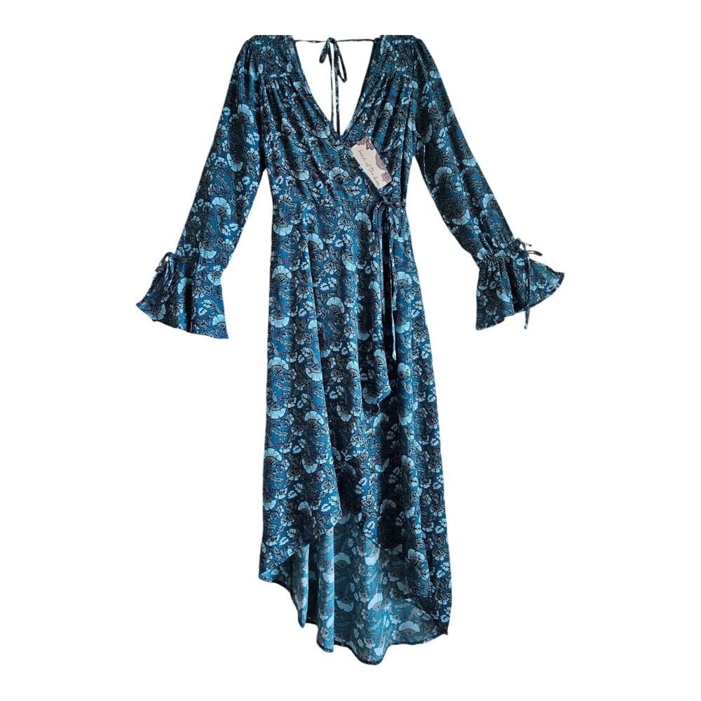 BAND OF THE FREE Women S Jewel Teal Dress Floral Wrap Tie Side Bell Cuff Hi Lo